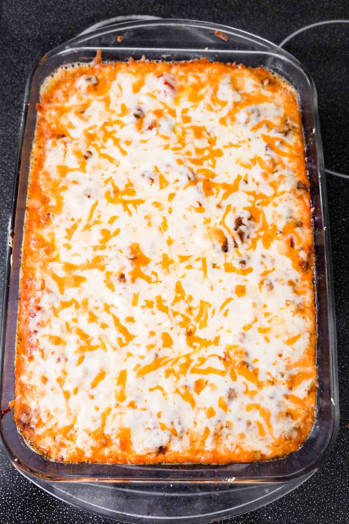 melted cheese on top of casserole after baking