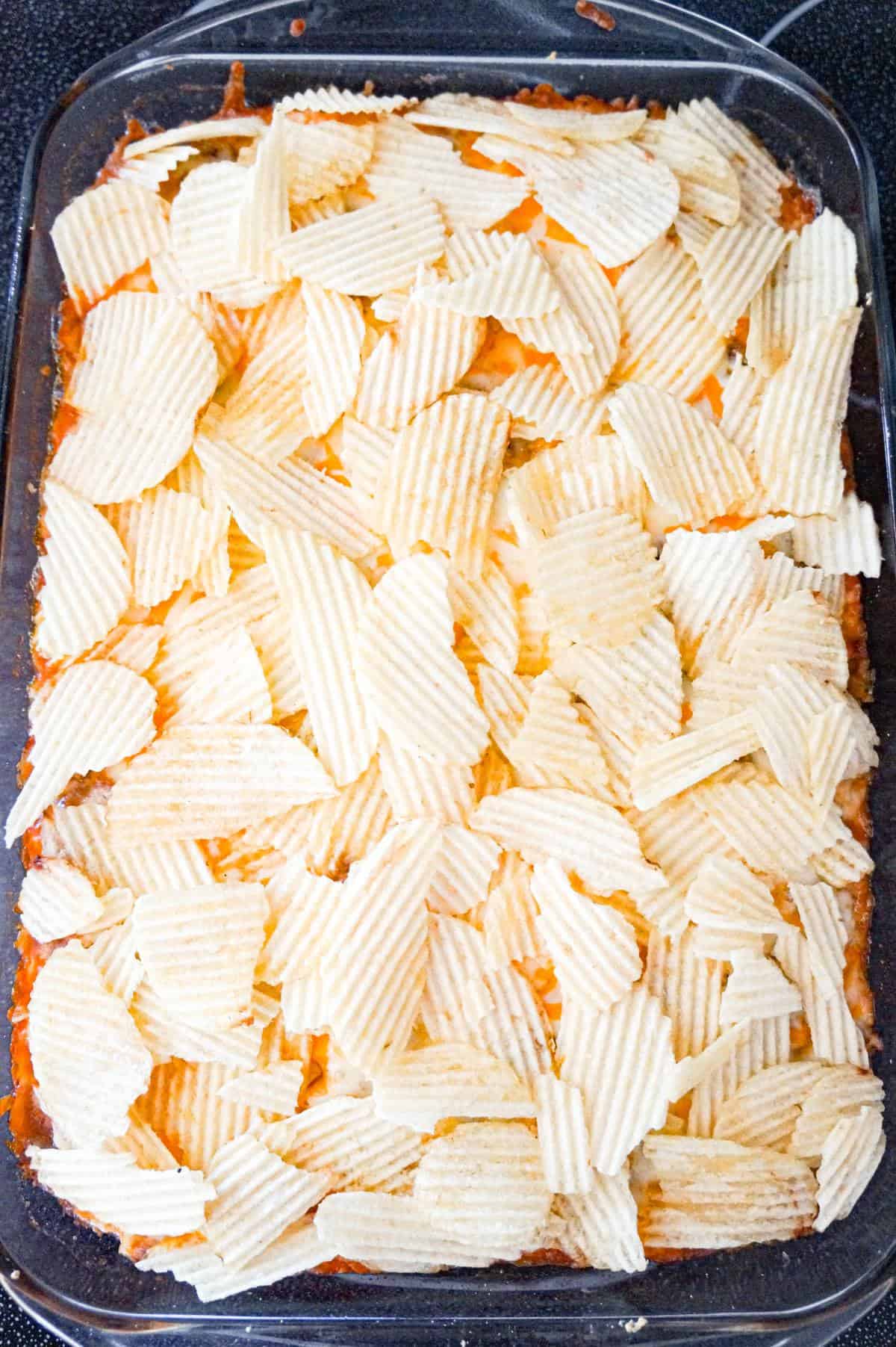 potato chips on top of cheeseburger casserole