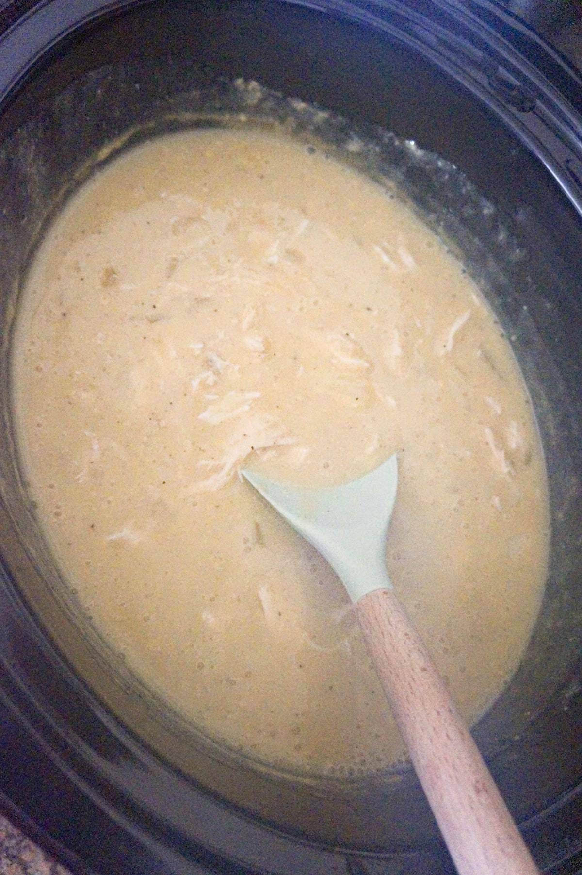 creamy chicken mixture in a crock pot