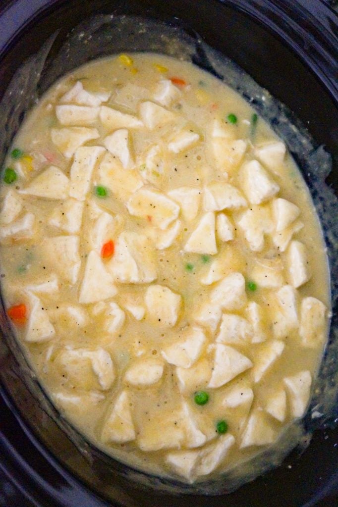 biscuit dumplings in cream of chicken soup mixture before cooking