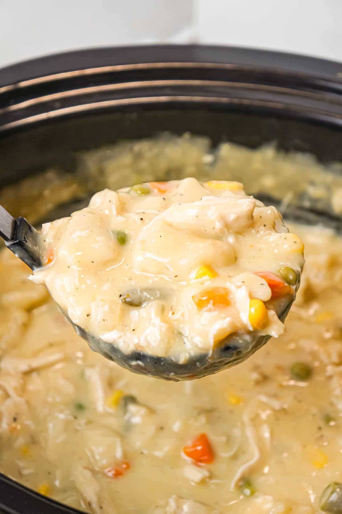 Crock Pot Chicken and Dumplings is an easy slow cooker dinner recipe loaded with chicken breast, veggies and Pillsbury biscuit dough dumplings all in a creamy sauce.