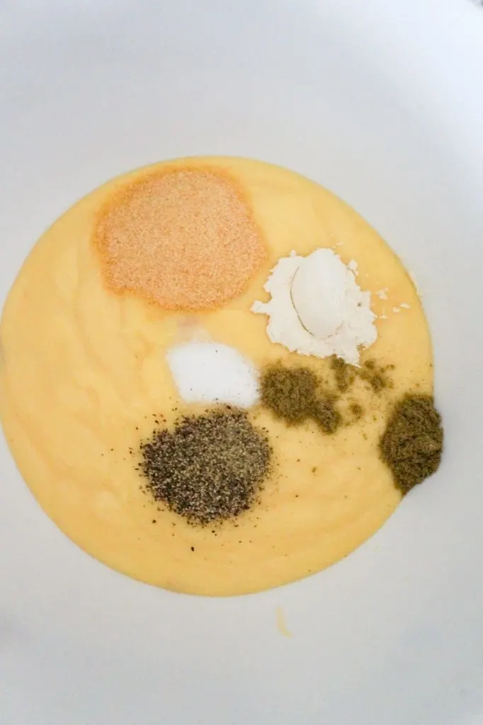 spices on top of condensed cream of chicken soup in a mixing bowl