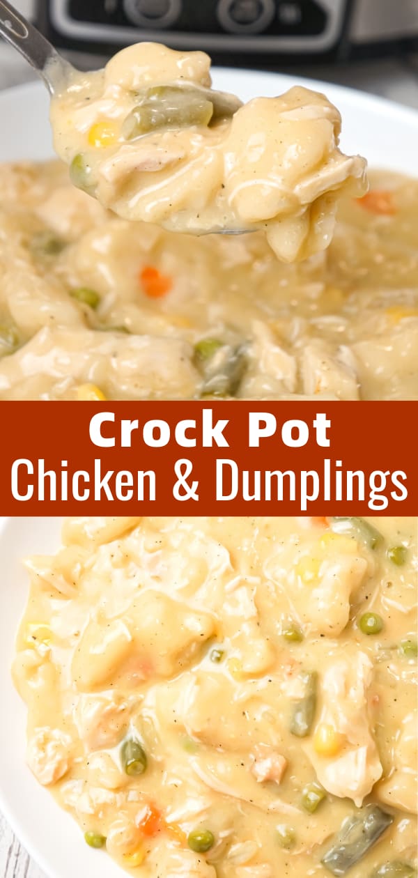 Crock Pot Chicken and Dumplings is an easy slow cooker dinner recipe loaded with chicken breast, veggies and Pillsbury biscuit dough dumplings all in a creamy sauce.