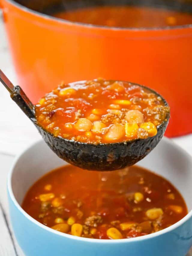 Easy Taco Soup is a hearty soup recipe loaded with ground beef, taco seasoning, salsa, Rotel, mixed beans and corn.