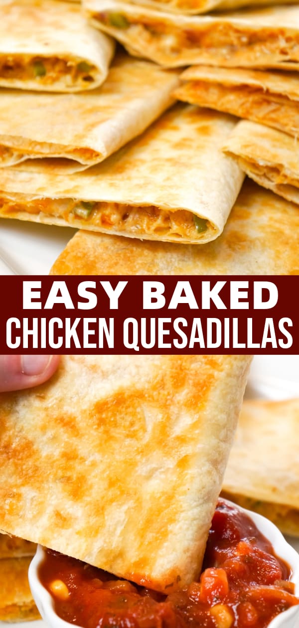 Easy Baked Chicken Quesadillas are a simple weeknight dinner recipe made with flour tortillas loaded with shredded chicken, taco seasoning, green peppers, red onions and cheese before baking in the oven.