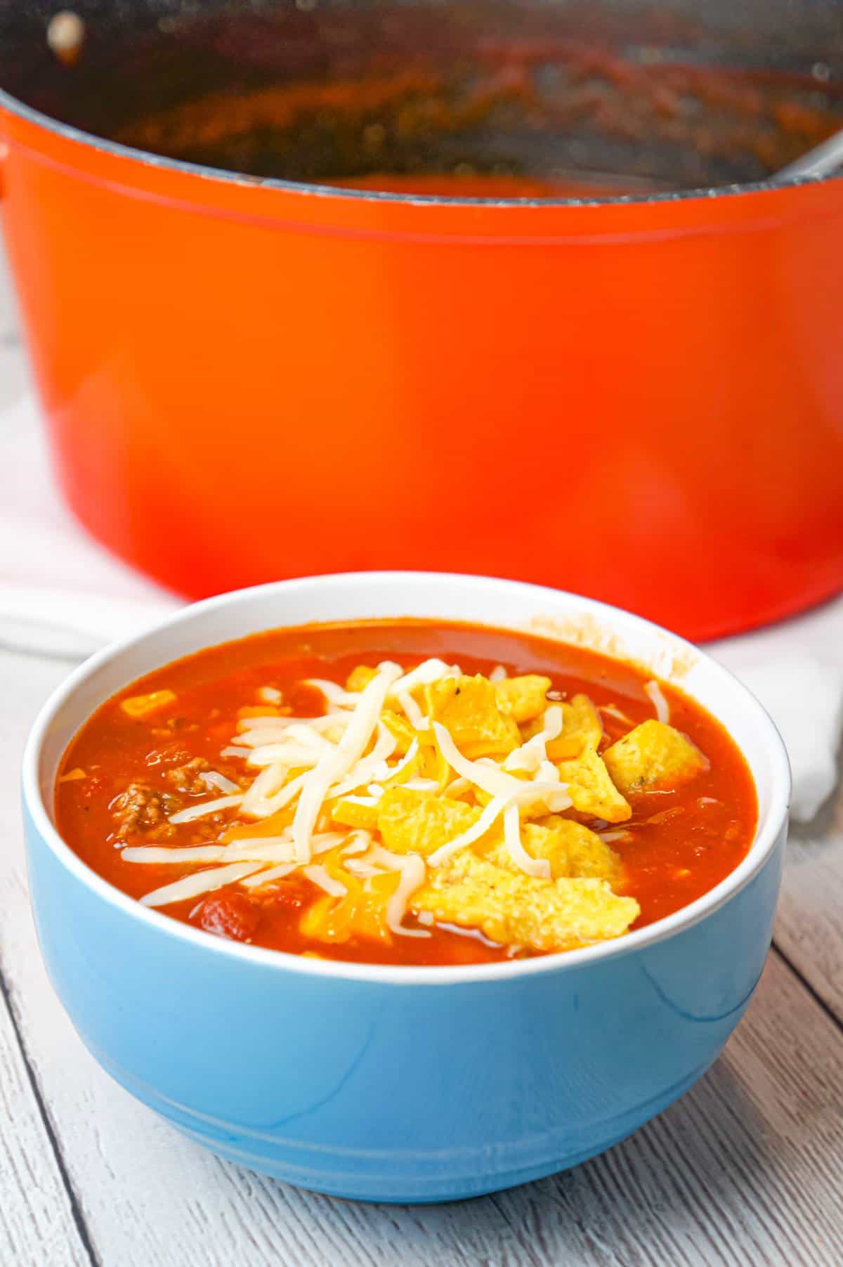 Easy Taco Soup is a hearty soup recipe loaded with ground beef, taco seasoning, salsa, Rotel, mixed beans and corn.