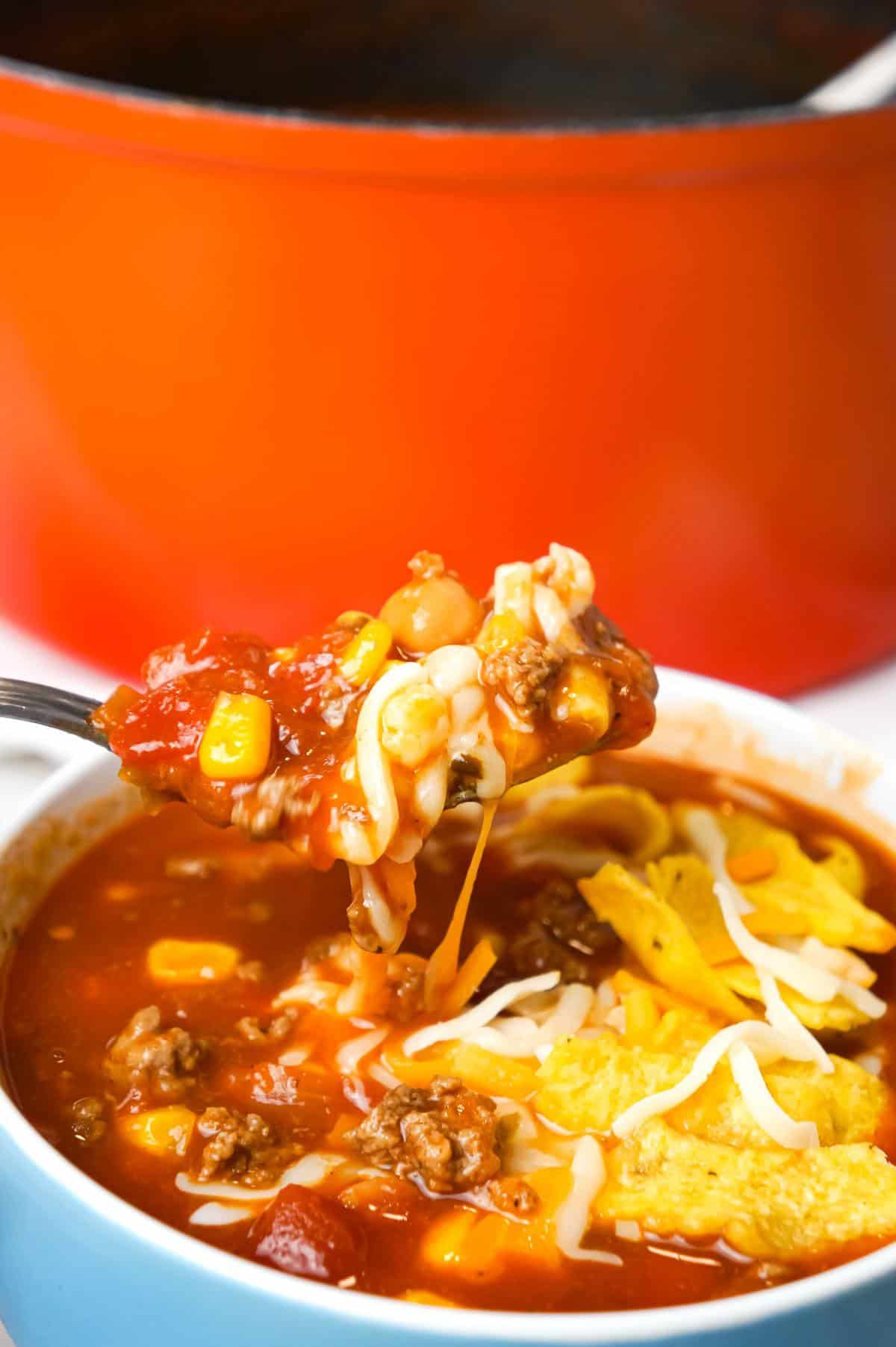 Easy Taco Soup is a hearty soup recipe loaded with ground beef, taco seasoning, salsa, Rotel, mixed beans and corn.