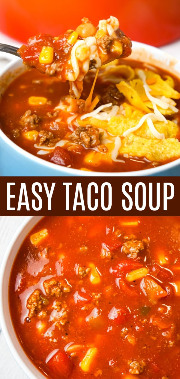 Easy Taco Soup is a hearty soup recipe loaded with ground beef, taco seasoning, salsa, Rotel, mixed beans and corn.
