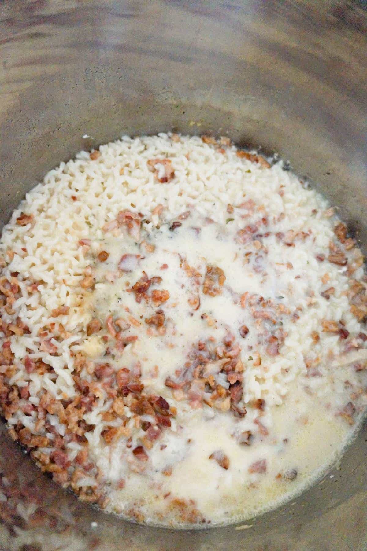 creamy bacon chicken and rice after pressure cooking