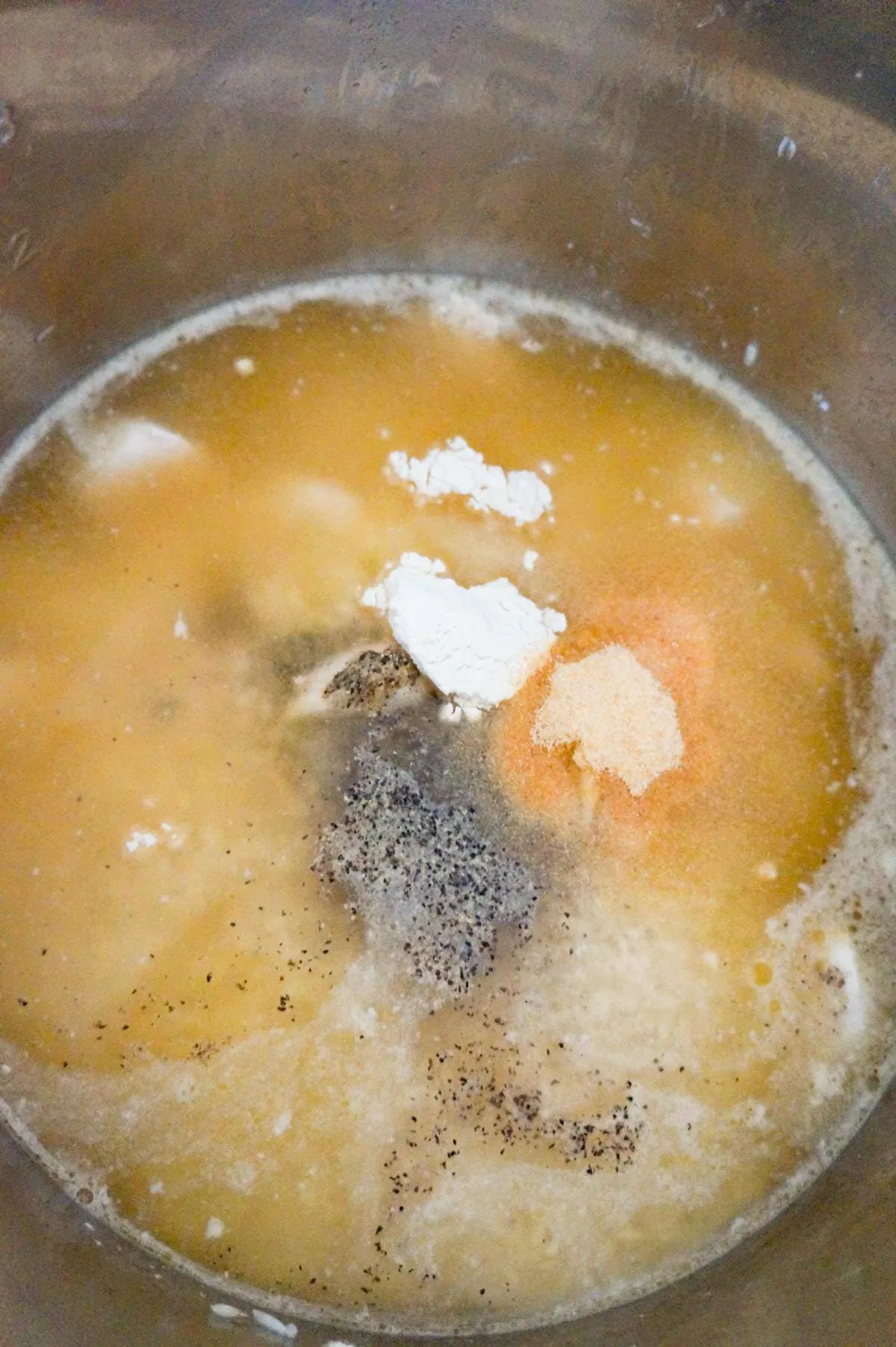 spices on top of chicken breast chunks in broth in an Instant Pot