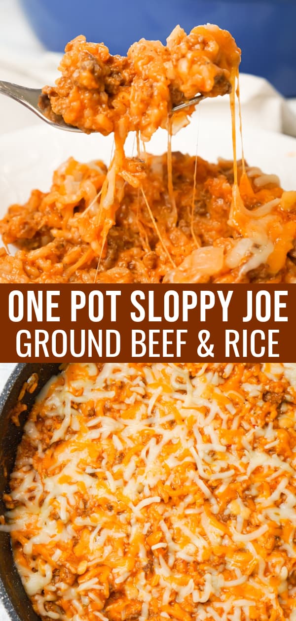 One Pot Sloppy Joe Ground Beef and Rice is an easy stove top dinner recipe made with ground beef and minute rice all tossed in sloppy joe sauce and loaded with shredded mozzarella and cheddar cheese.