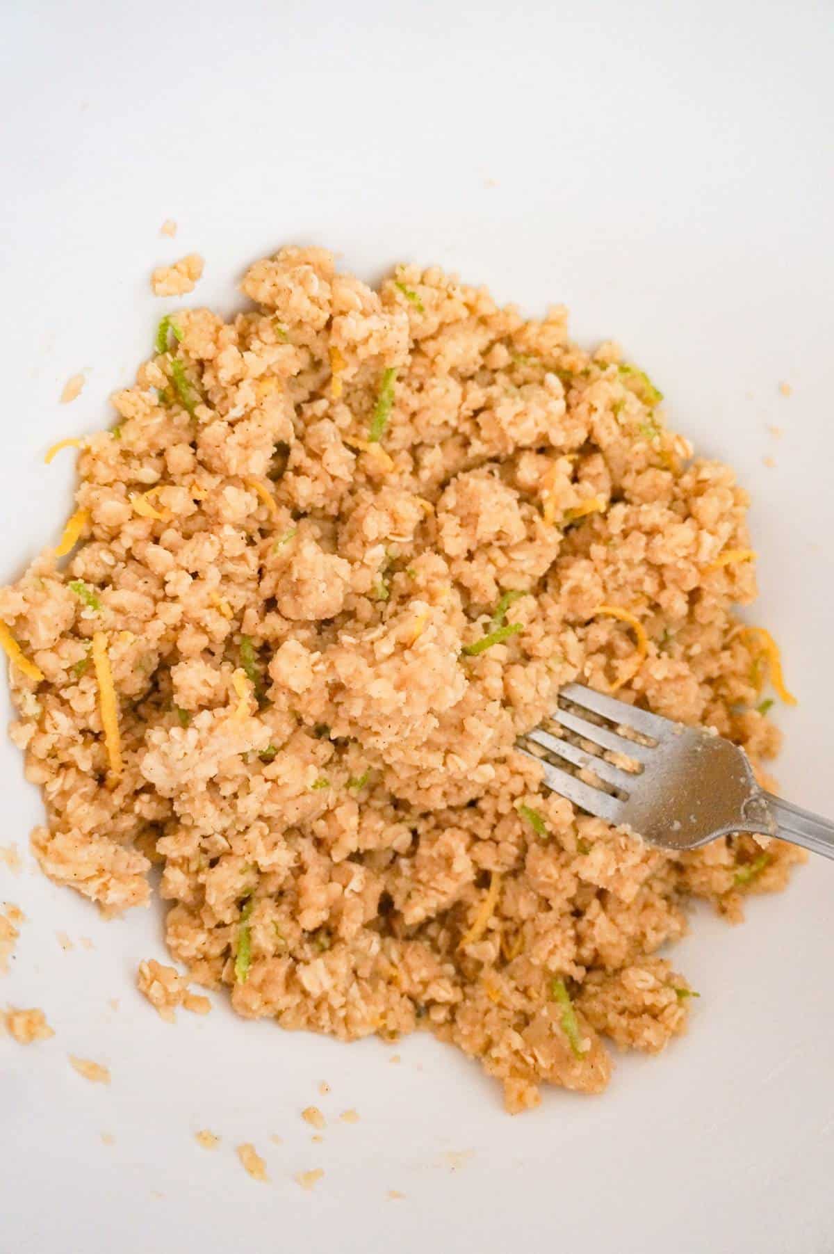 crumble topping mixture in a mixing bowl