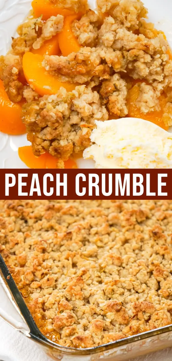 Peach Crumble is a delicious dessert recipe made with canned peaches and topped with a crunchy crumble topping with hints of cinnamon and citrus.