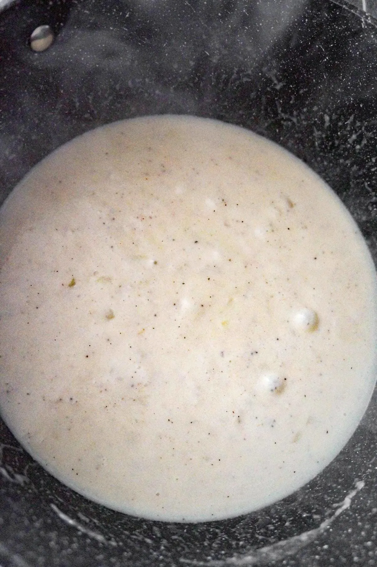 creamy onion sauce just starting to boil