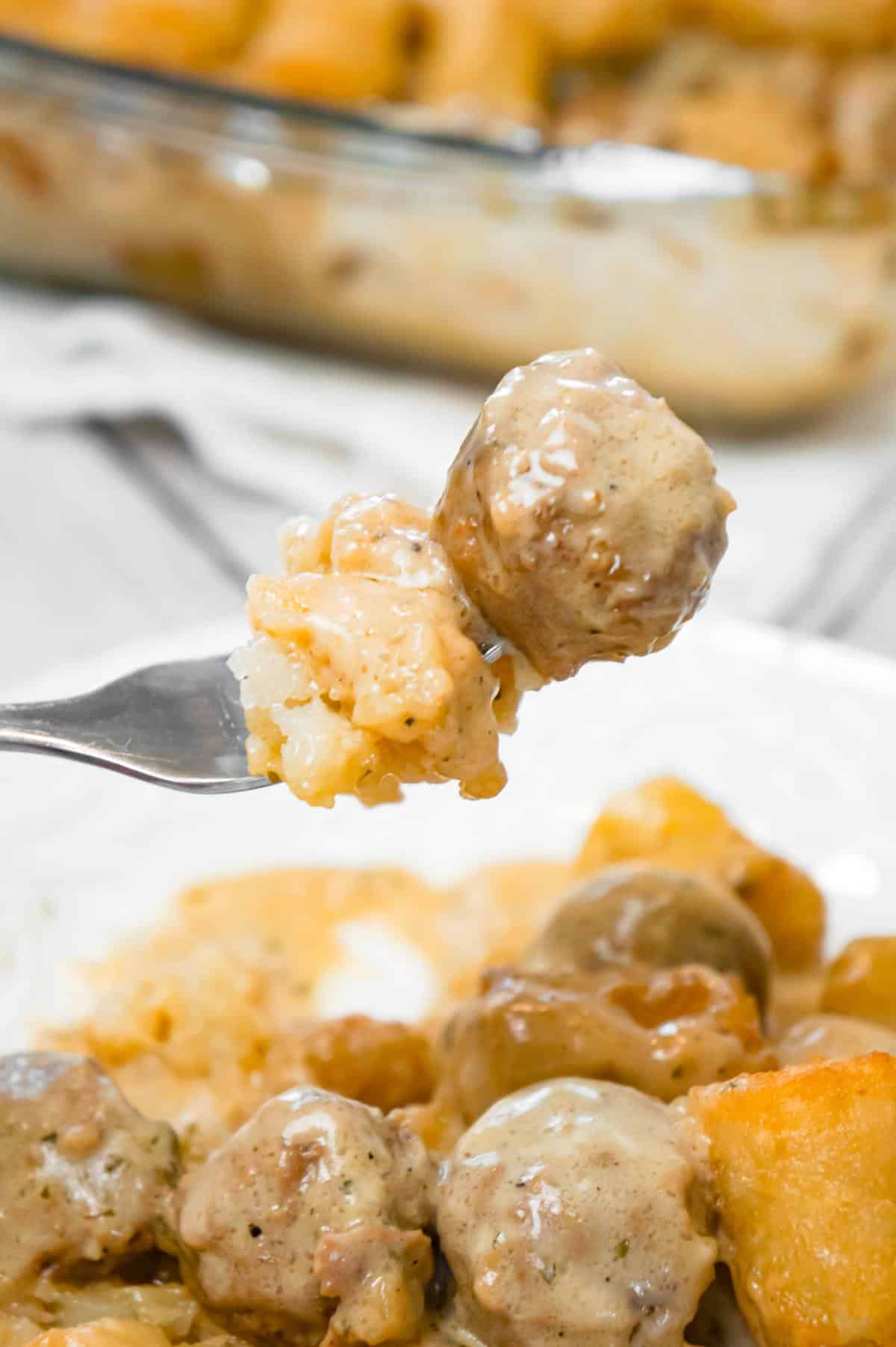 Swedish Meatball Tater Tot Casserole is an easy casserole recipe made with frozen Swedish meatballs smothered in a creamy gravy and topped with mozzarella cheese and tater tots.