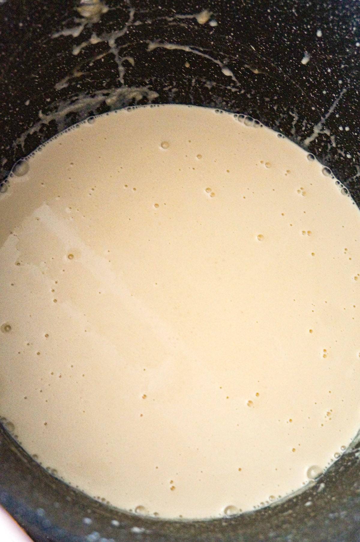 cream and beef broth mixture in a large pot