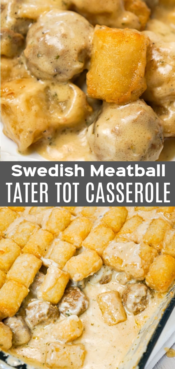 Swedish Meatball Tater Tot Casserole is an easy casserole recipe made with frozen Swedish meatballs smothered in a creamy gravy and topped with mozzarella cheese and tater tots.