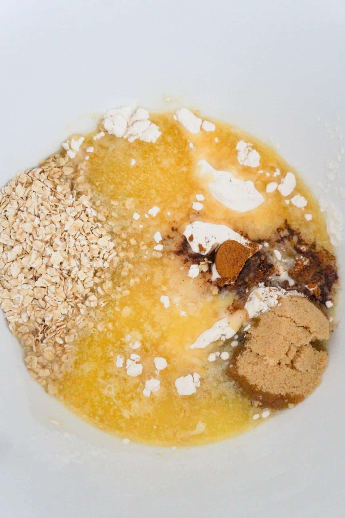 melted butter, quick oats, brown sugar and cinnamon in a mixing bowl