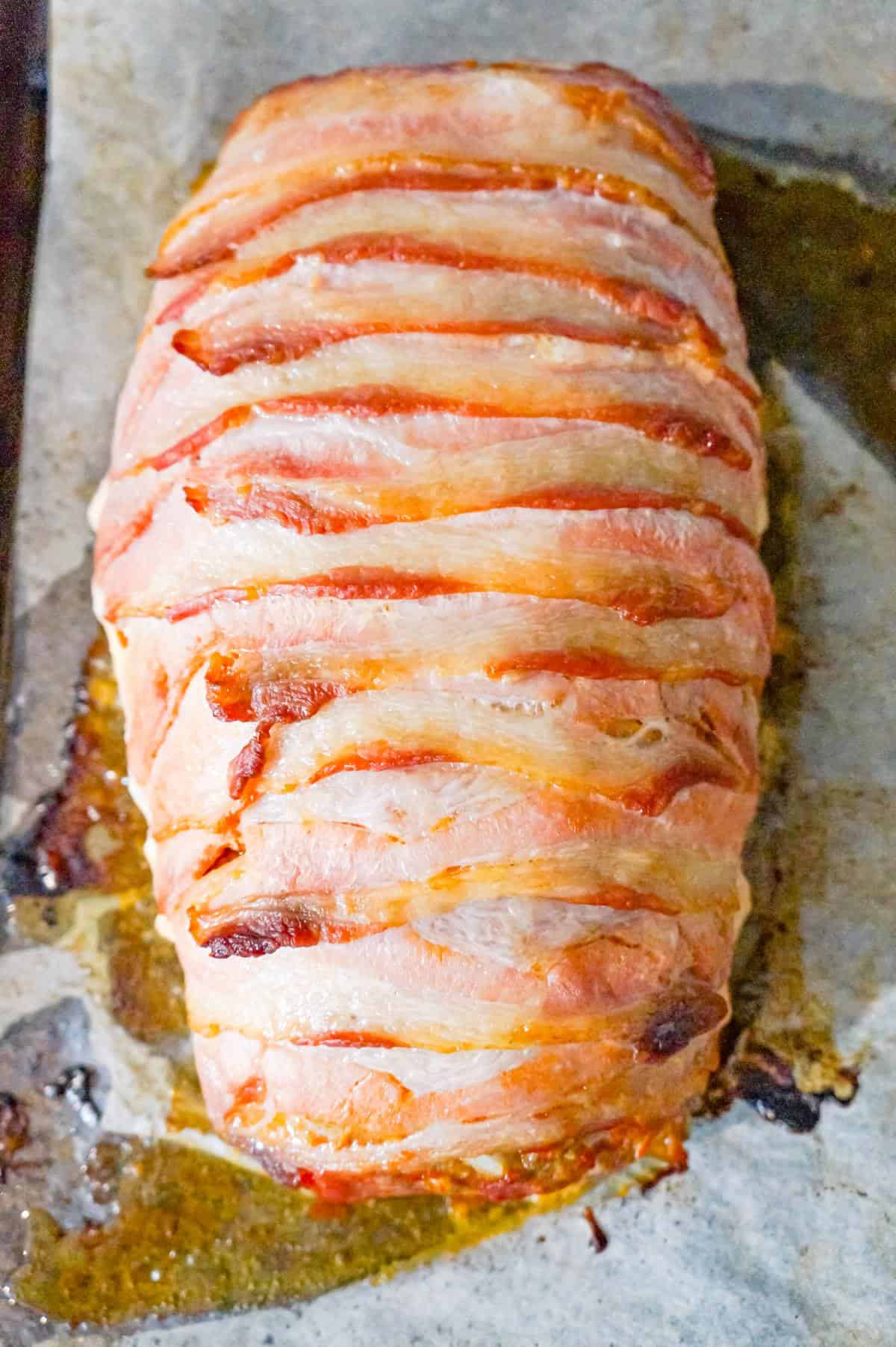 bacon wrapped meatloaf part way through cooking