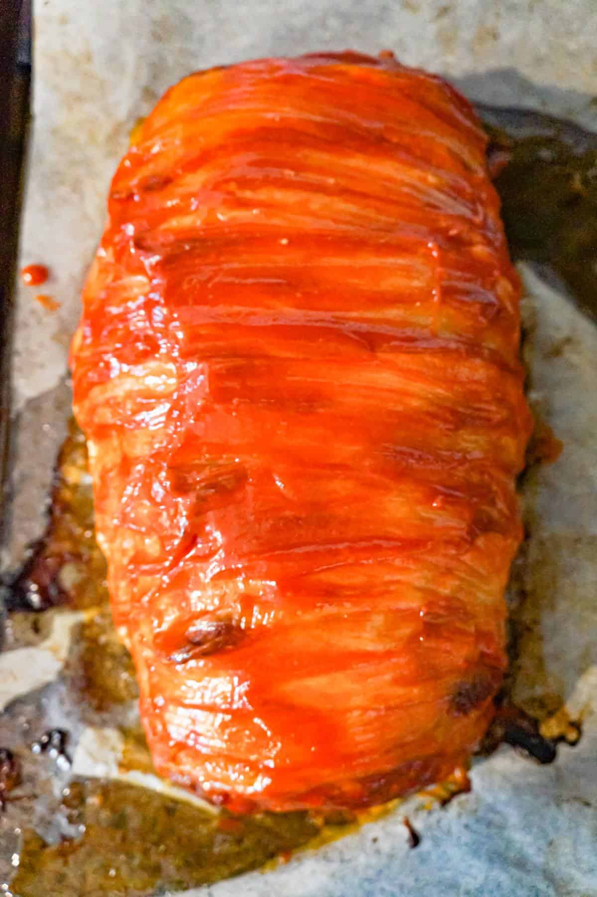 ketchup glaze on bacon wrapped meatloaf