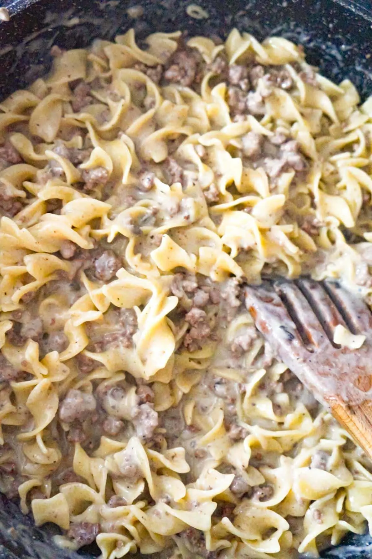 ground beef and egg noodles coated in cream of mushroom soup