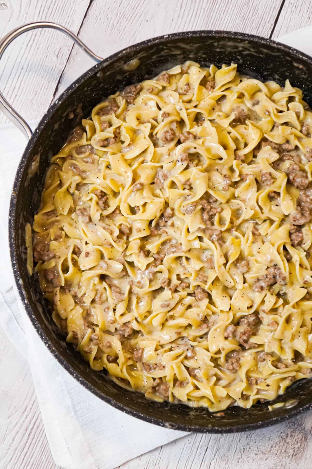 Homemade Hamburger Helper is an easy weeknight dinner recipe made with ground beef, egg noodles and condensed cream of mushroom soup.