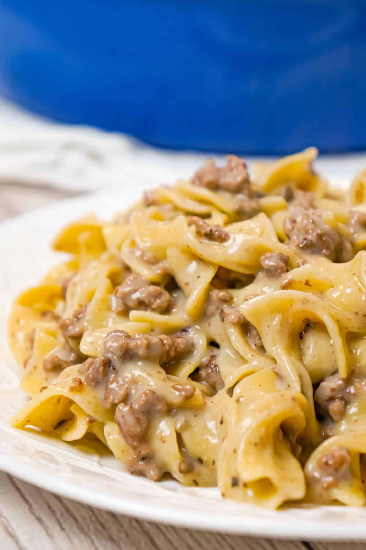 Homemade Hamburger Helper is an easy weeknight dinner recipe made with ground beef, egg noodles and condensed cream of mushroom soup.