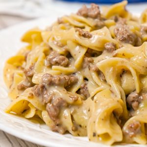 Homemade Hamburger Helper is an easy weeknight dinner recipe made with ground beef, egg noodles and condensed cream of mushroom soup.