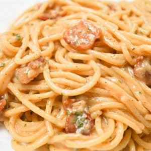 Spaghetti Carbonara is an easy pasta dish loaded with crispy bacon and tossed in an egg and Parmesan sauce.