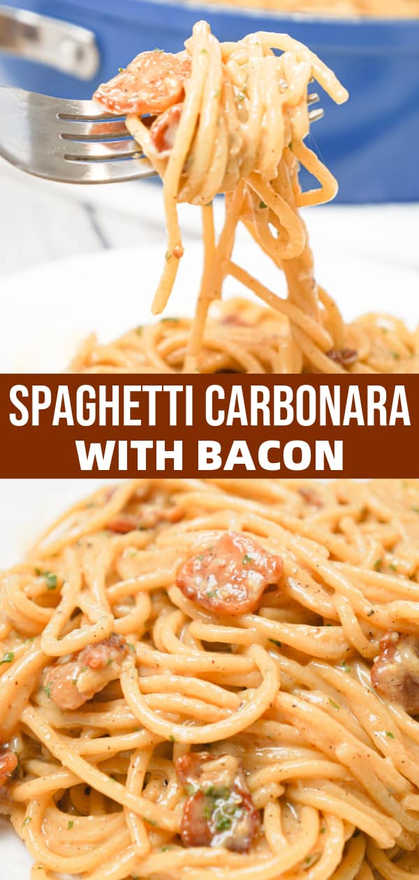 Spaghetti Carbonara is an easy pasta dish loaded with crispy bacon and tossed in an egg and Parmesan sauce.