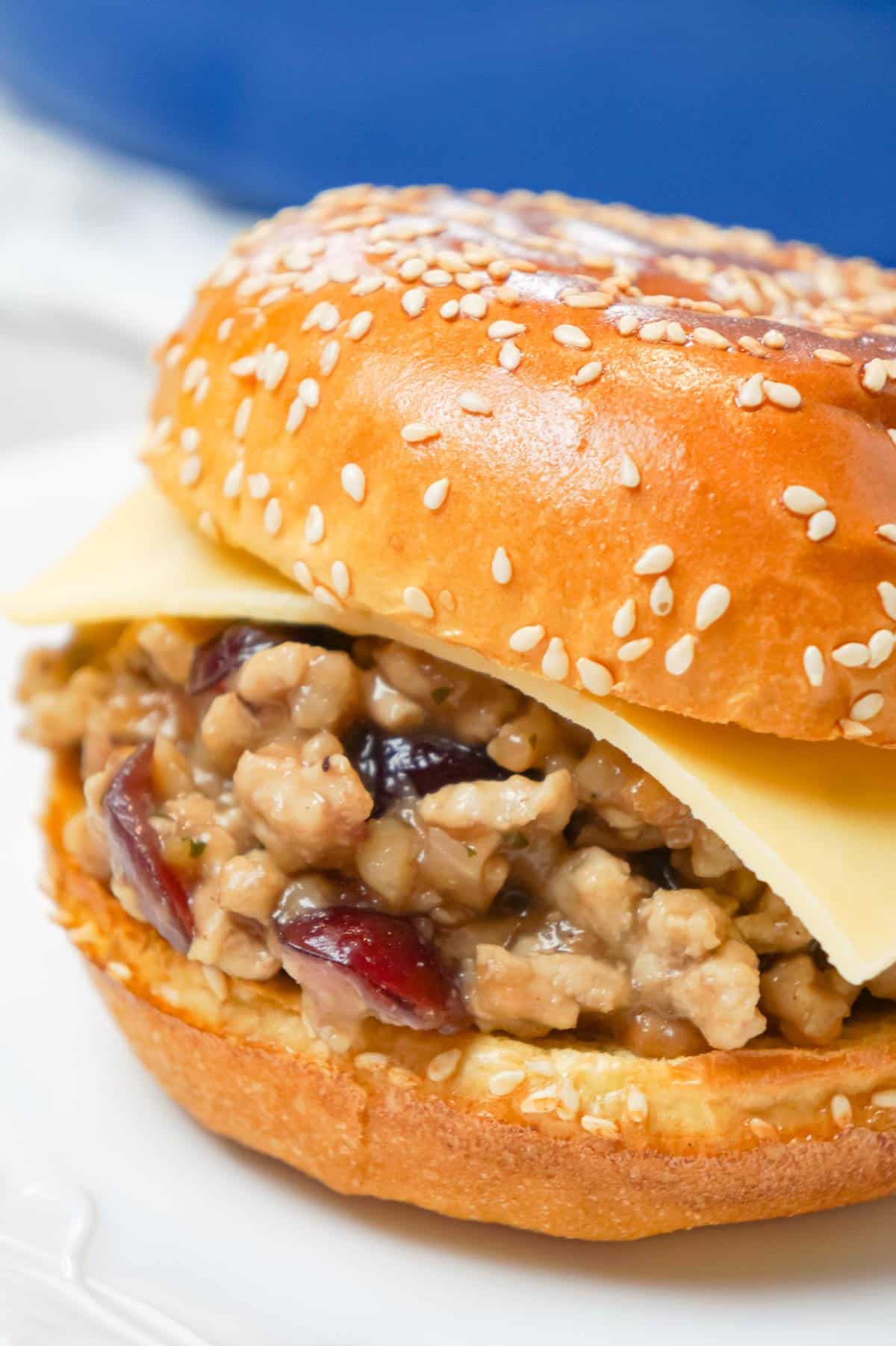 Turkey Dinner Sloppy Joes are an easy weeknight dinner recipe made with ground turkey and loaded with gravy, stove top stuffing mix, cranberry sauce and Havarti cheese all on served on Brioche buns.