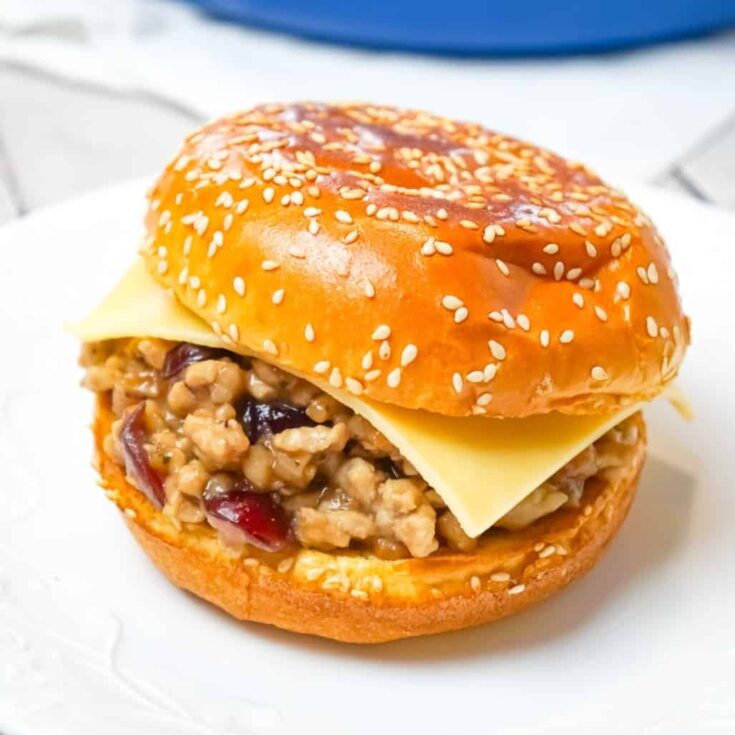 Turkey Dinner Sloppy Joes are an easy weeknight dinner recipe made with ground turkey and loaded with gravy, stove top stuffing mix, cranberry sauce and Havarti cheese all on served on Brioche buns.