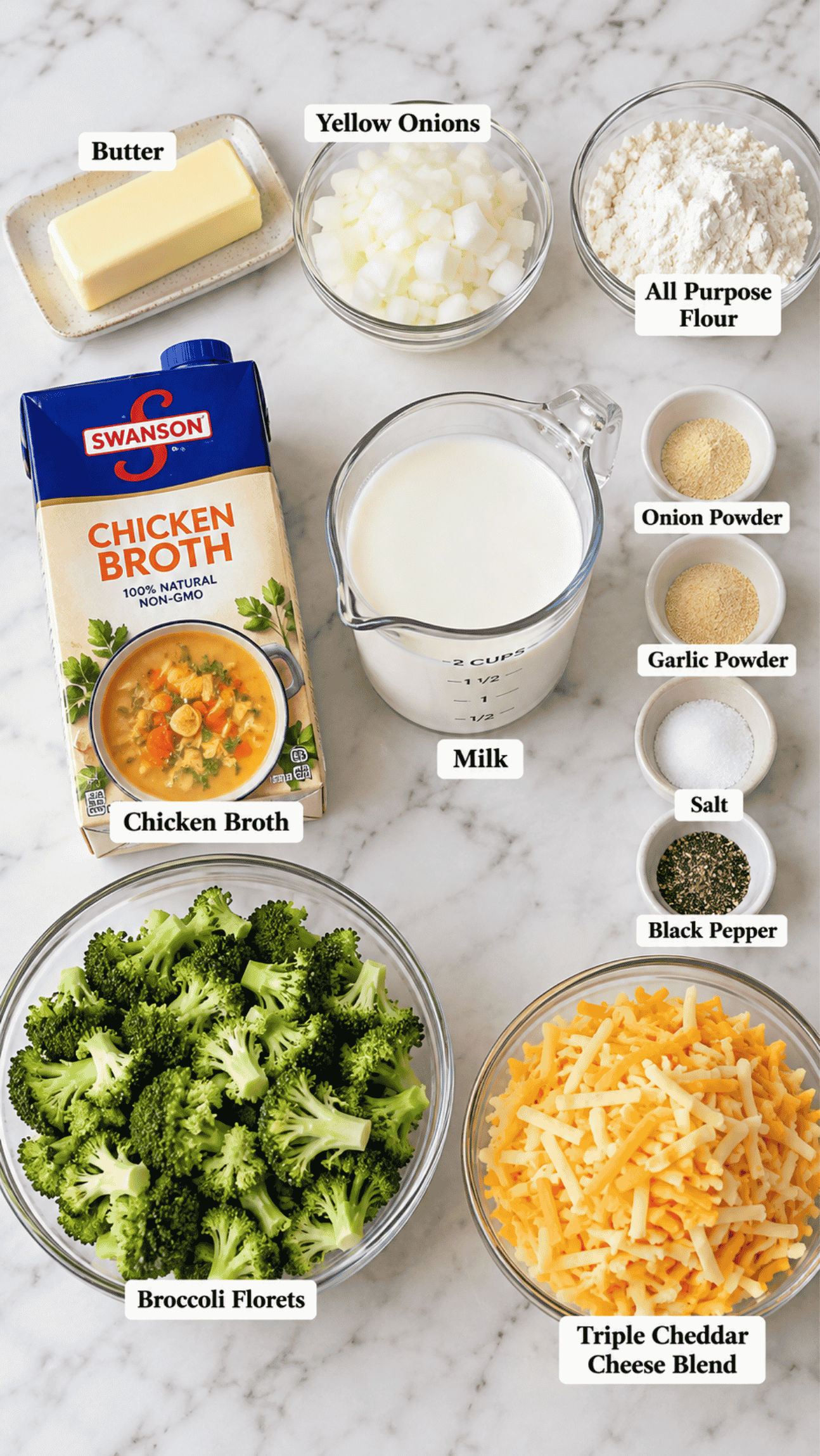 broccoli cheddar soup ingredients on the kitchen counter