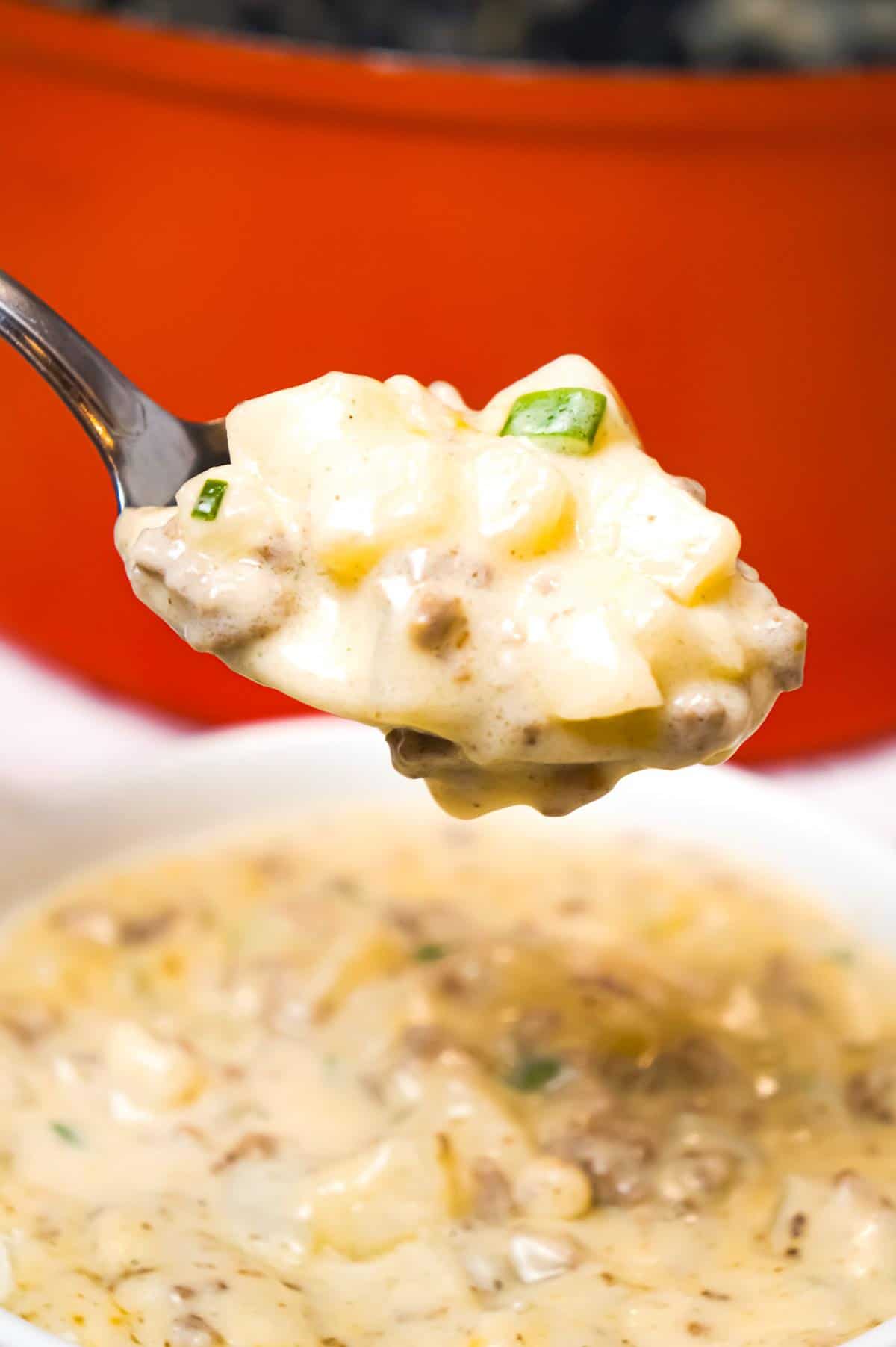 Cheesy Hamburger Potato Soup is a hearty soup recipe loaded with ground beef, diced potatoes, chopped green onions and shredded cheddar cheese.