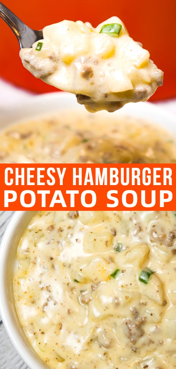 Cheesy Hamburger Potato Soup is a hearty soup recipe loaded with ground beef, diced potatoes, chopped green onions and shredded cheddar cheese.