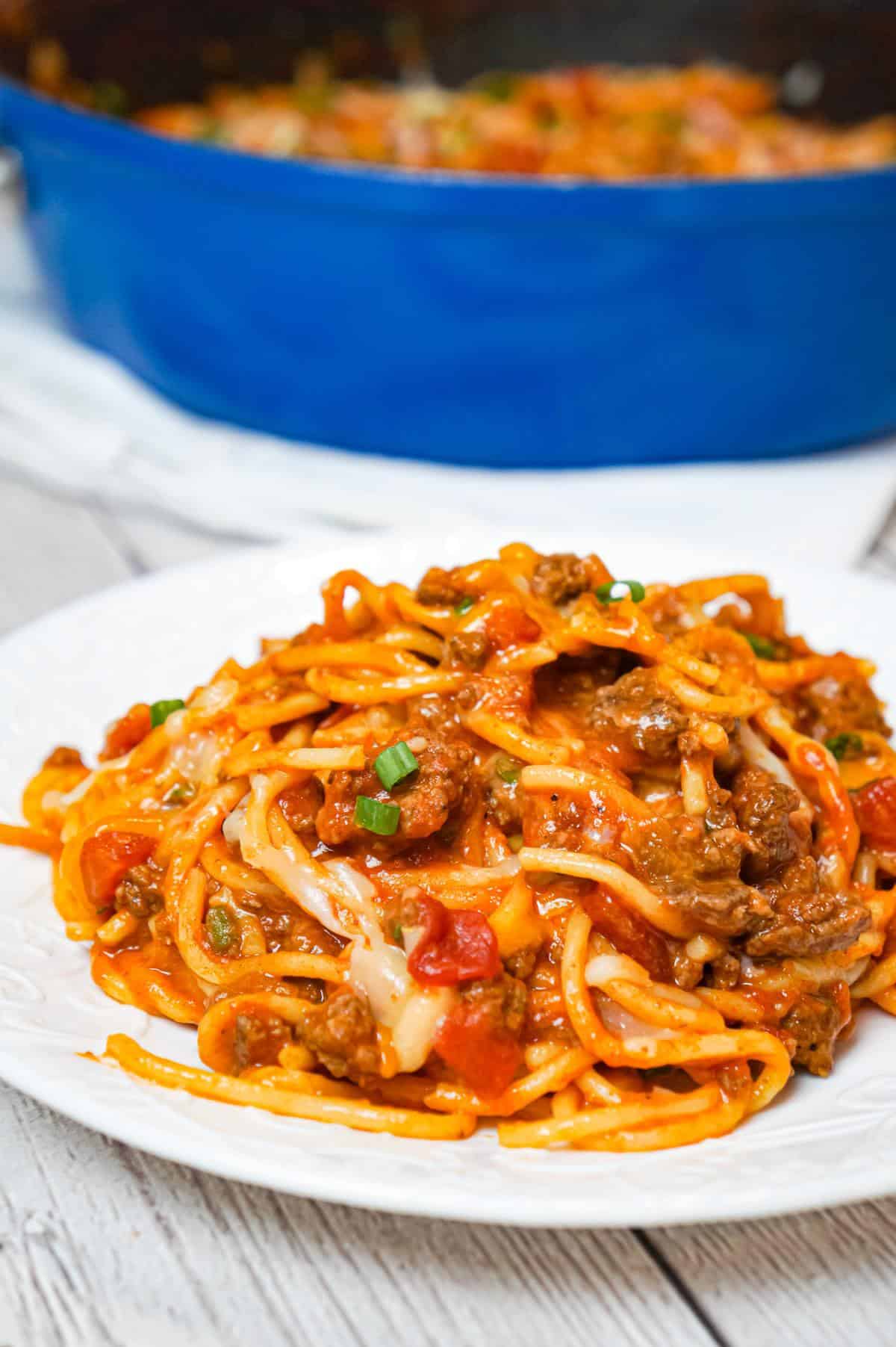 Cheesy Taco Spaghetti is an easy weeknight dinner recipe loaded with ground beef, Rotel diced tomatoes and chilies, green onions and shredded cheese all tossed in taco seasoning and tomato sauce.