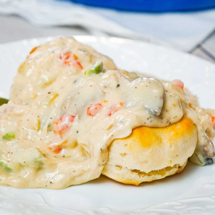 Chicken a la King is an easy stove top chicken dinner recipe made with shredded chicken in a thick and creamy sauce loaded with onions, mushrooms, green peppers and pimentos, served over biscuits, rice or pasta.