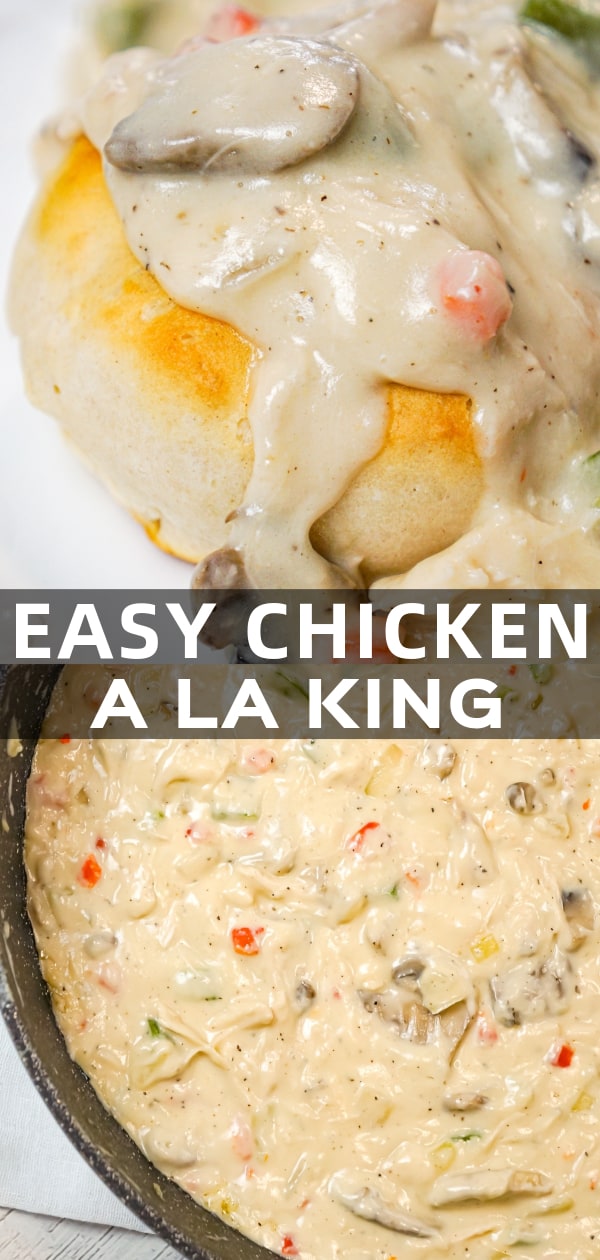 Chicken a la King is an easy stove top chicken dinner recipe made with shredded chicken in a thick and creamy sauce loaded with onions, mushrooms, green peppers and pimentos, served over biscuits, rice or pasta.