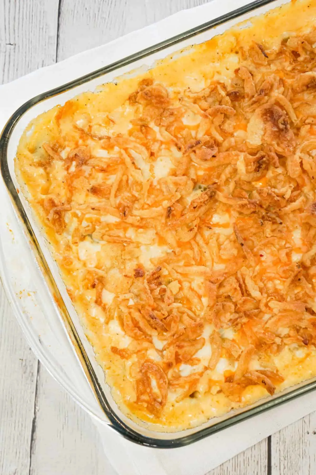 Mac and Cheese Green Bean Casserole is a tasty side dish recipe loaded with macaroni and green beans in a creamy cheese sauce, all topped with French's crispy fried onions!