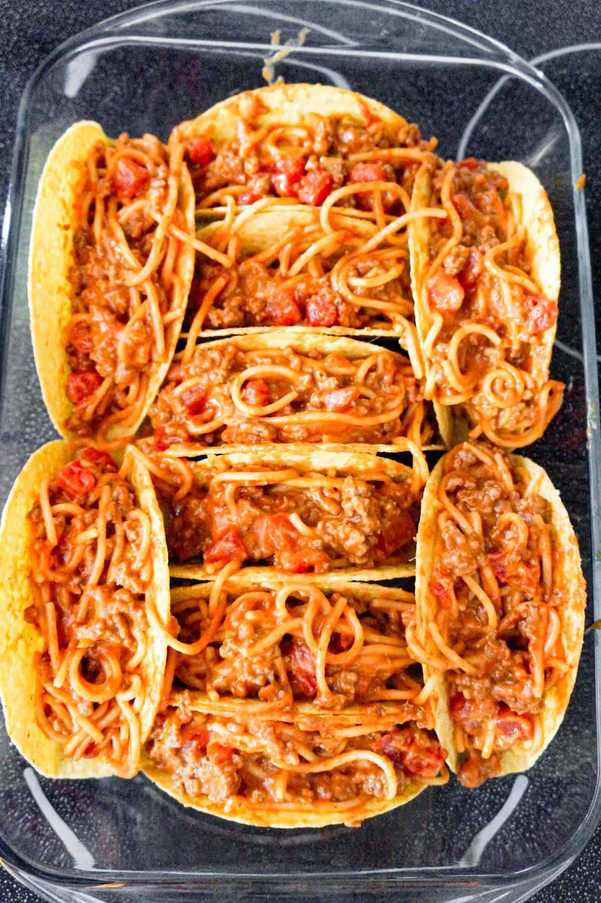 taco shells filled with spaghetti 