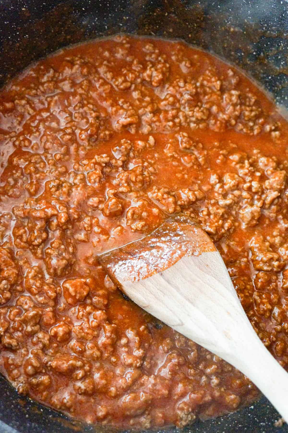 ground beef and tomato sauce in a saute pan