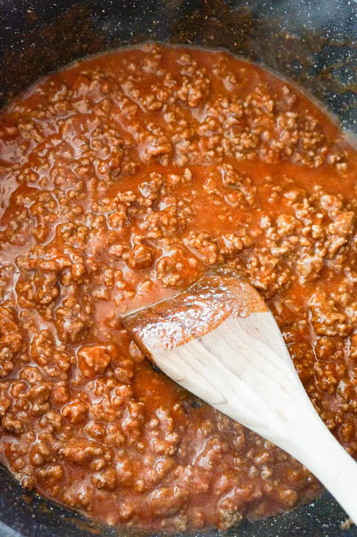ground beef and tomato sauce in a saute pan