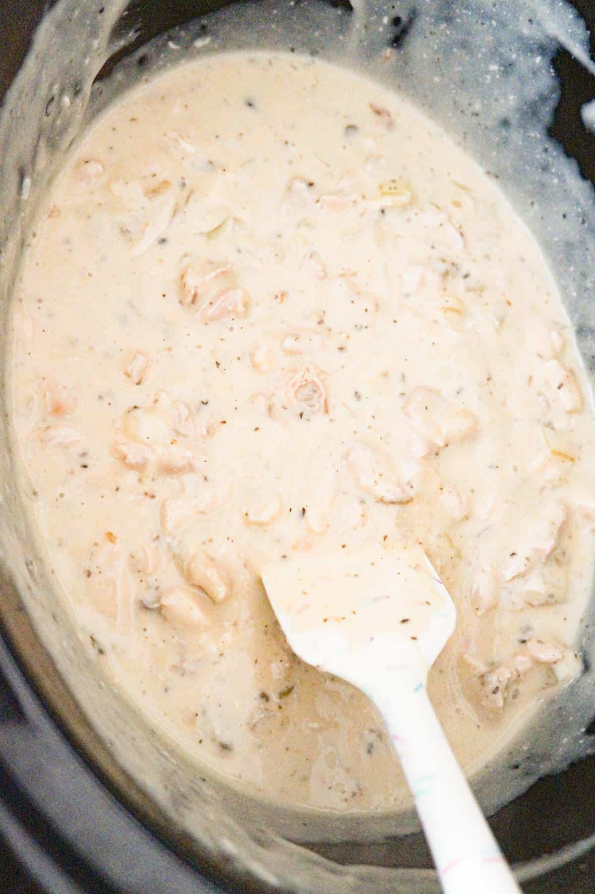 creamy chicken mixture in a crock pot