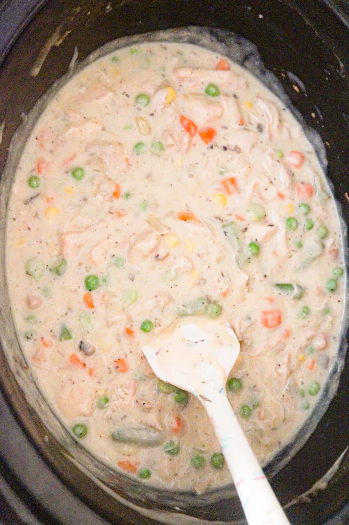 creamy chicken and vegetable mixture being stirred in a crock pot