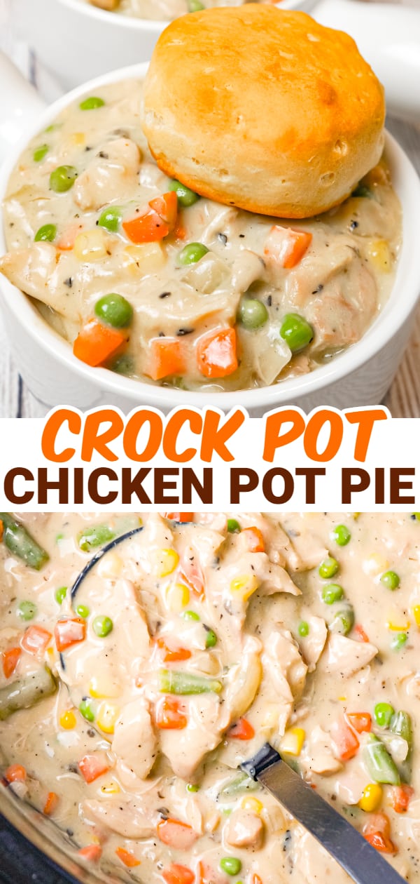 Crock Pot Chicken Pot Pie is an easy slow cooker dinner recipe made with boneless, skinless chicken thighs, cream of mushroom soup, cream of chicken soup and mixed veggies and topped with Pillsbury biscuits.