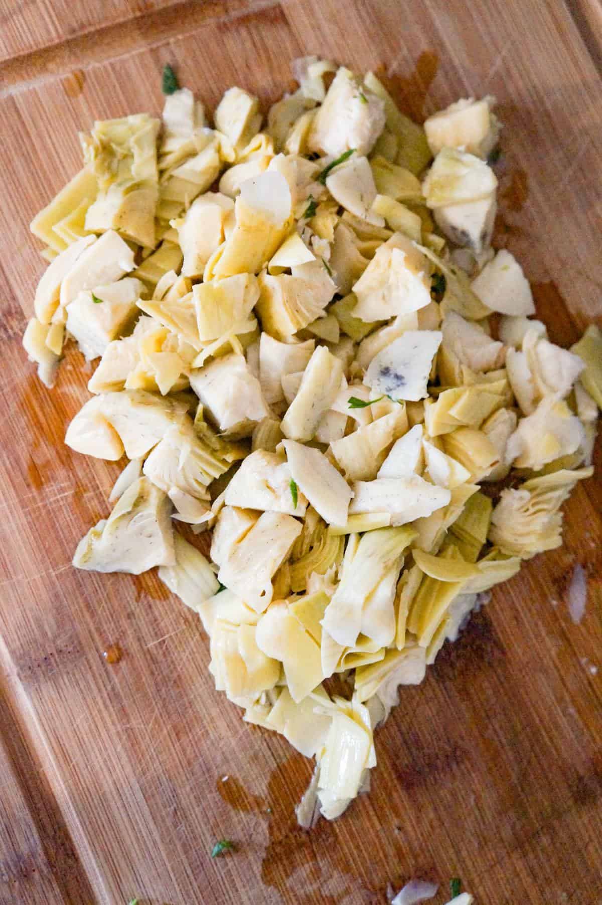 chopped artichoke on a cutting board