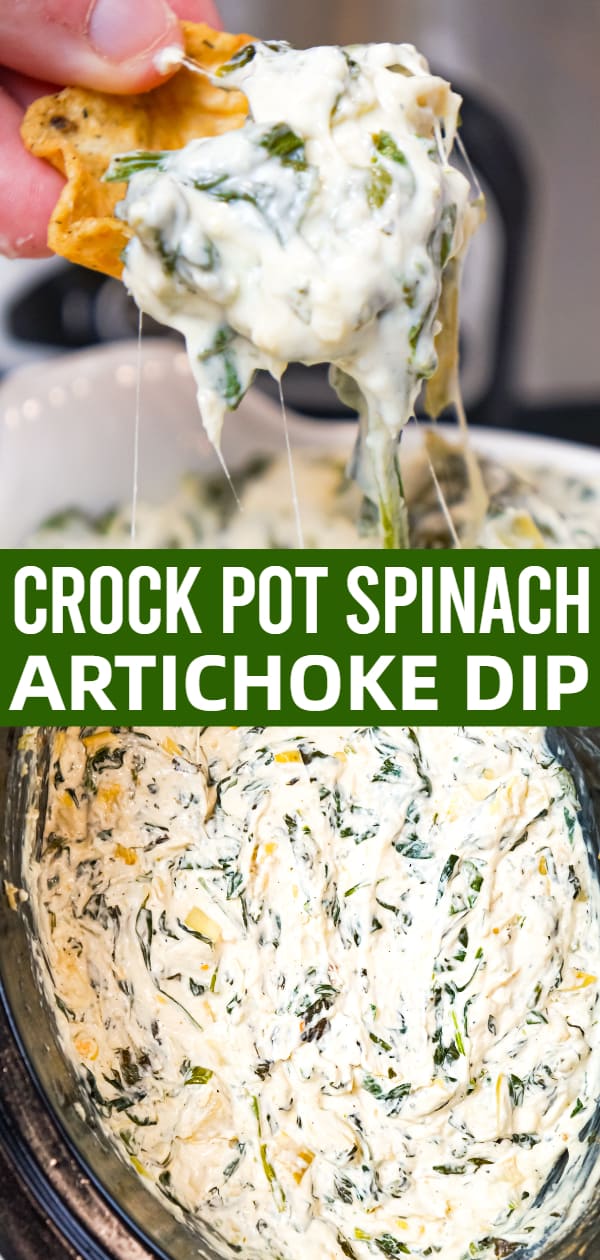 Crock Pot Spinach Artichoke Dip is a delicious hot party dip recipe loaded with baby spinach, chopped artichoke hearts, cream cheese, sour cream, mozzarella and parmesan cheese.