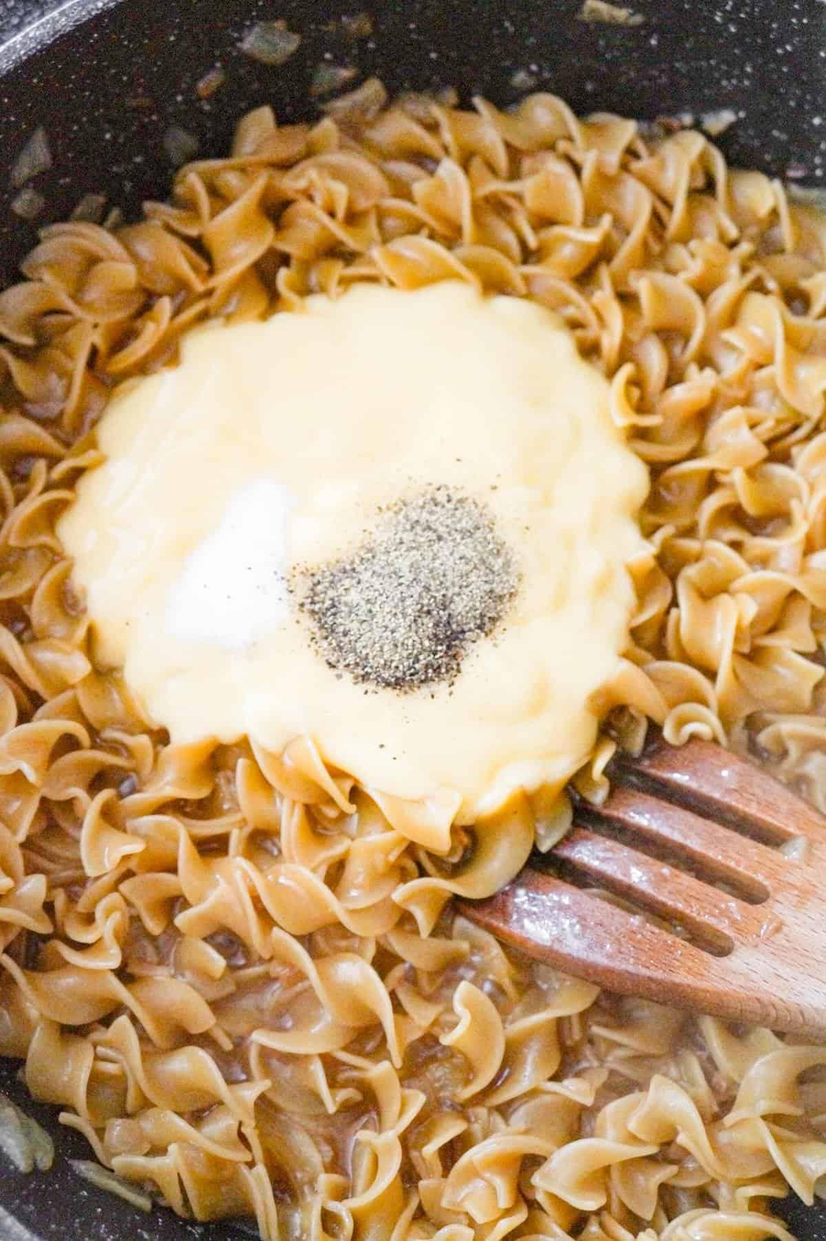 condensed cream of chicken soup and spices on top of egg noodles in a pot