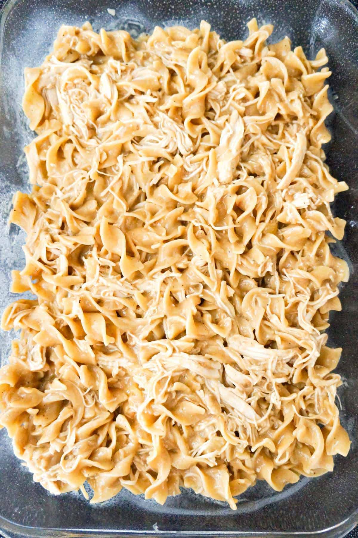 chicken and egg noodles in a baking dish