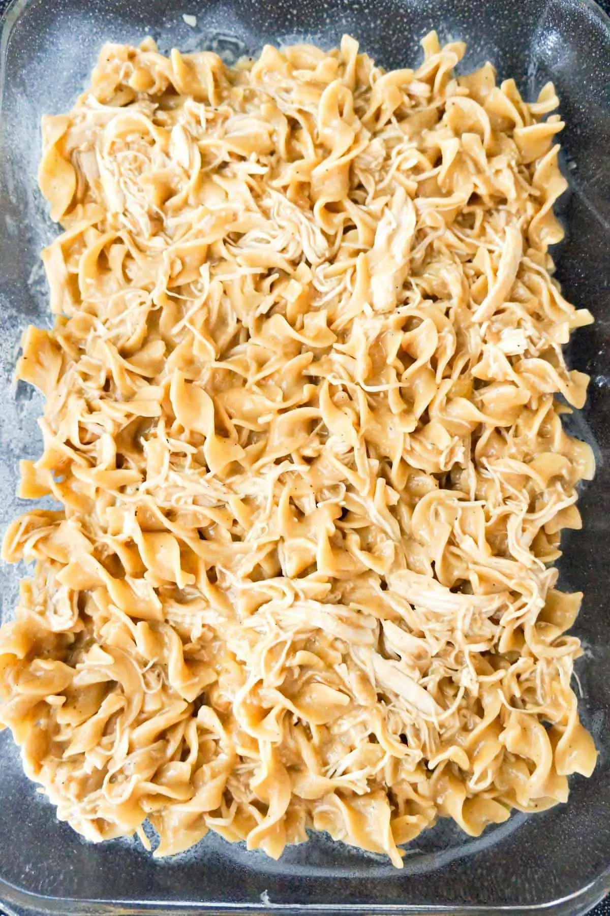 chicken and egg noodles in a baking dish